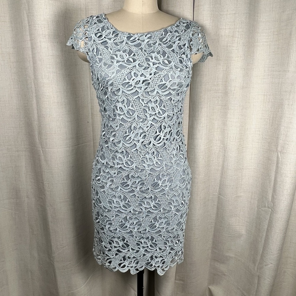 Alice + Olivia Clover Light Blue Floral Lace Dress Mini Sheath Silk Liner Size 4